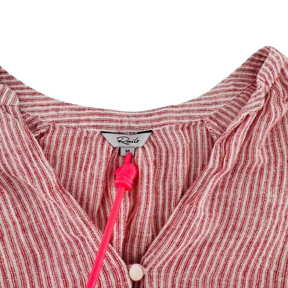 Rails Red & White Striped V-Neck Button-Down Blouse Medium Linen/Rayon - Picture 2 of 7